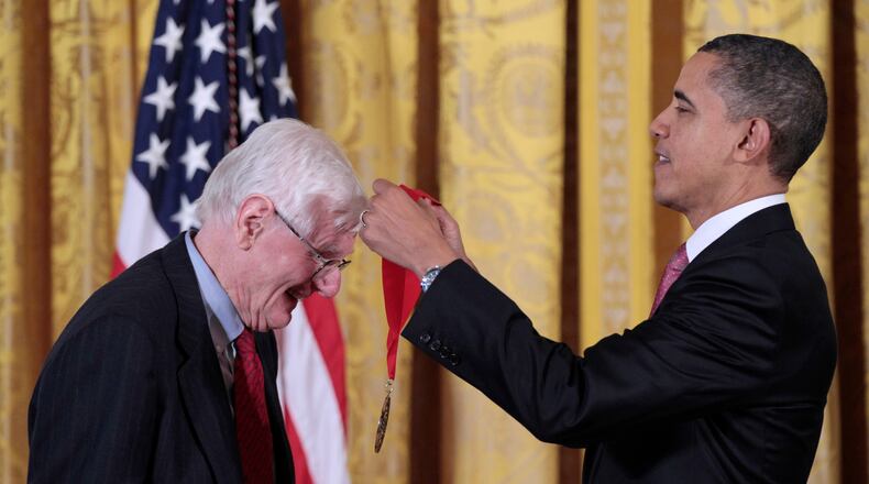FILE - President Barack Obama presents a National Humanities Medal to author, historian and Brown University professor emeritus, Gordon Wood, during a ceremony in the East Room of the White House in Washington on March 2, 2011. (AP Photo/Pablo Martinez Monsivais, File)