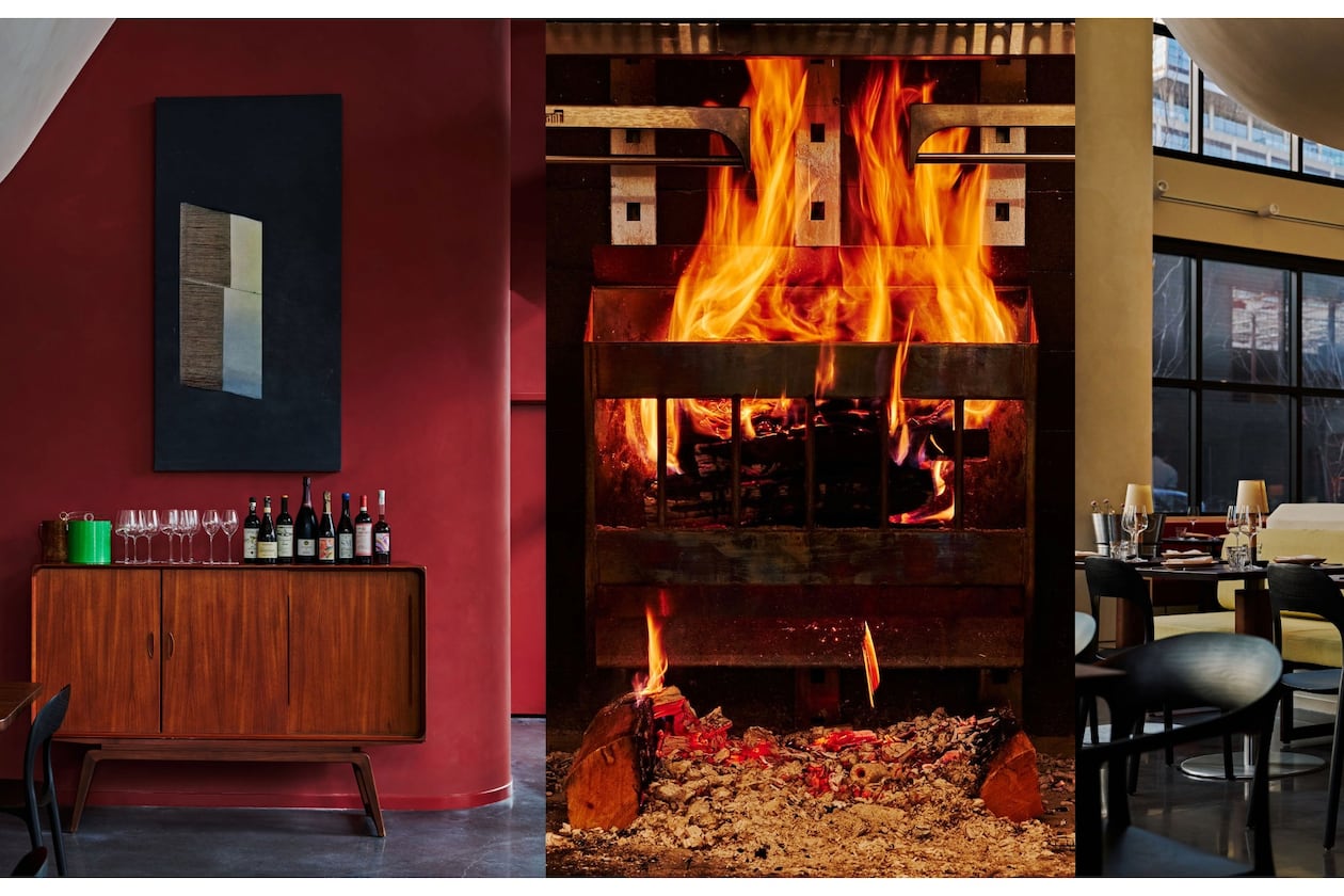 Three adjacent vertical photos, with restaurant interior shots on either side and a hearth-style grill with a roaring fire in the middle.