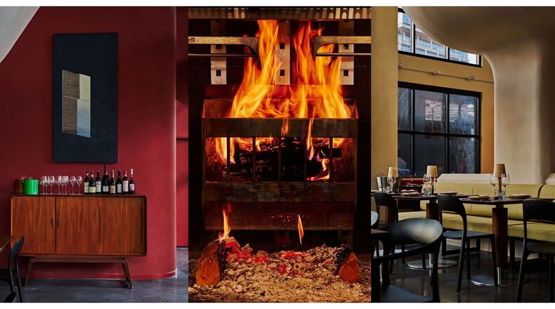 Three adjacent vertical photos, with restaurant interior shots on either side and a hearth-style grill with a roaring fire in the middle.