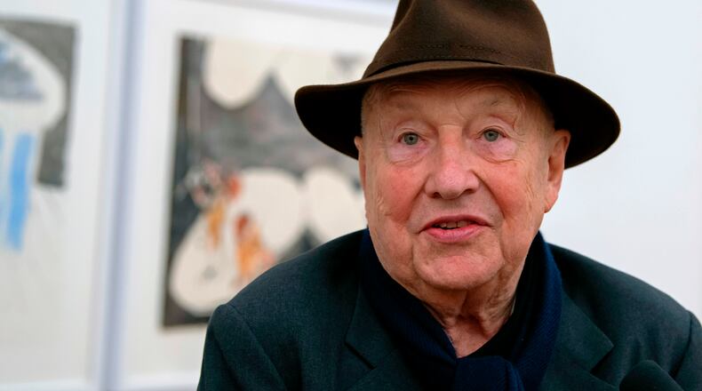 FILE - German artist Georg Baselitz talks with journalists during the press preview of the exhibition 'Georg Baselitz' in the Kunstsammlungen in Chemnitz, Germany, on April 16, 2018. (AP Photo/Jens Meyer, File)