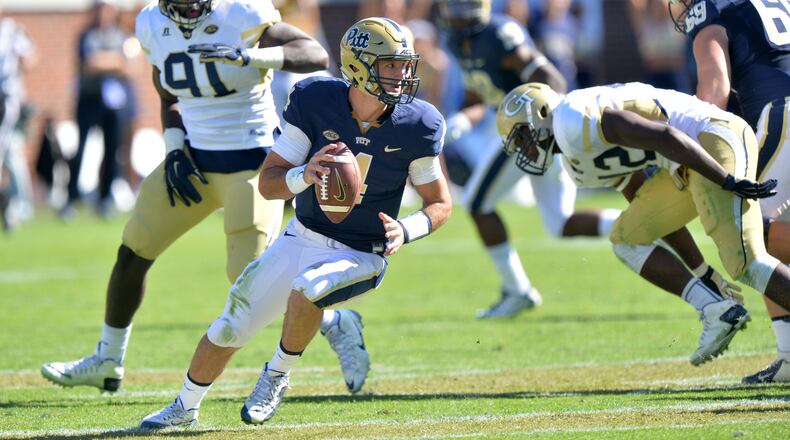October 17, 2015 Atlanta - Pittsburgh Panthers quarterback Nathan Peterman (4) looks to pass in the second half at Bobby Dodd Stadium on Saturday, October 17, 2015. Pittsburgh Panthers won 31-28 over the Georgia Tech Yellow Jackets. HYOSUB SHIN / HSHIN@AJC.COMt34