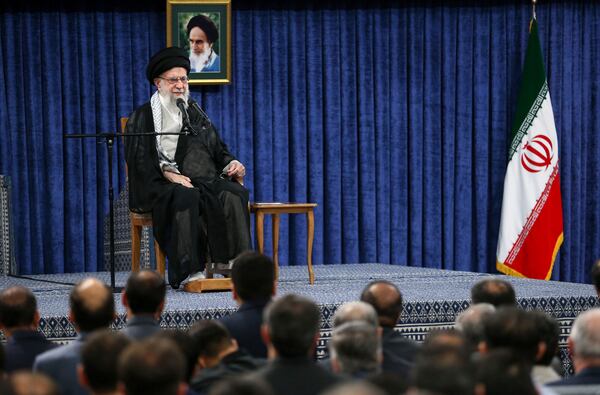 In this photo released by the official website of the office of the Iranian supreme leader, Supreme Leader Ayatollah Ali Khamenei speaks during a memorial in Tehran, Iran, Tuesday, May 20, 2025, for late President Ebrahim Raisi, who died in a helicopter crash last year. (Office of the Iranian Supreme Leader via AP)