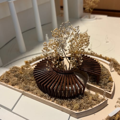 This photo provided by Virginia Commonwealth University shows a model of a memorial and interment site displayed at the VCU Board of Visitors meeting in Richmond, Va., on Thursday, April 23, 2026. (Virginia Commonwealth University via AP)