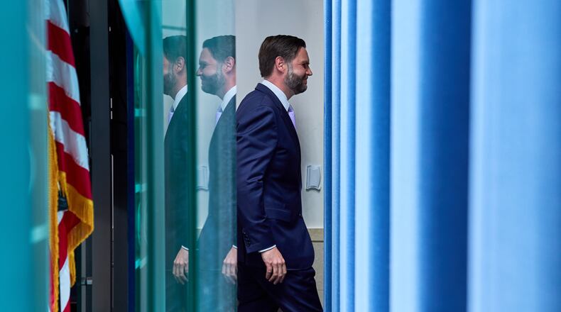 Vice President JD Vance leaves after speaking to reporters in the James Brady Press Briefing Room at the White House, Tuesday, May 19, 2026, in Washington. (AP Photo/Jacquelyn Martin)