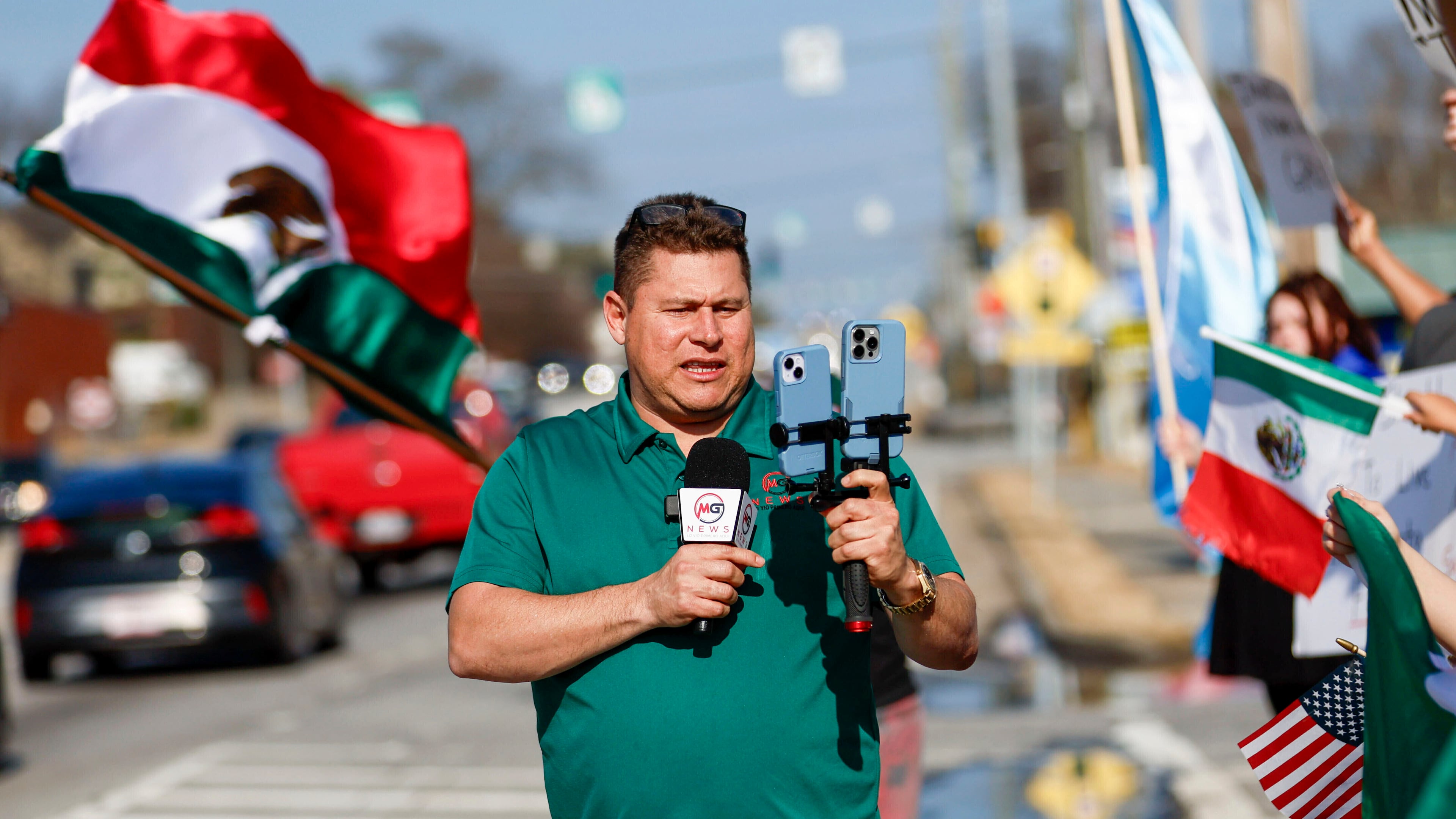 FILE - Mario Guevara, the metro Atlanta-based Spanish-language reporter, covers a protest against immigration enforcement on Buford Highway in Georgia, on Saturday, Feb. 1, 2025. (Miguel Martinez/Atlanta Journal-Constitution via AP, File)