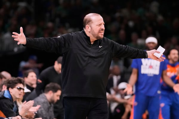 New York Knicks head coach Tom Thibodeau calls to his players during the first half of Game 5 of an NBA basketball second-round playoff series against the Boston Celtics, Wednesday, May 14, 2025, in Boston. (AP Photo/Charles Krupa)