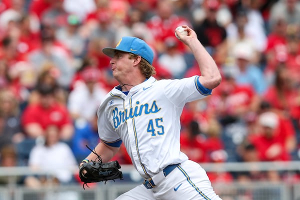 UCLA's Chris Grothues (45) pitches against Nebraska during the second inning of the NCAA college Big Ten baseball tournament championship in Omaha, Neb., Sunday, May 25, 2025. (Nikos Frazier/Omaha World-Herald via AP)
