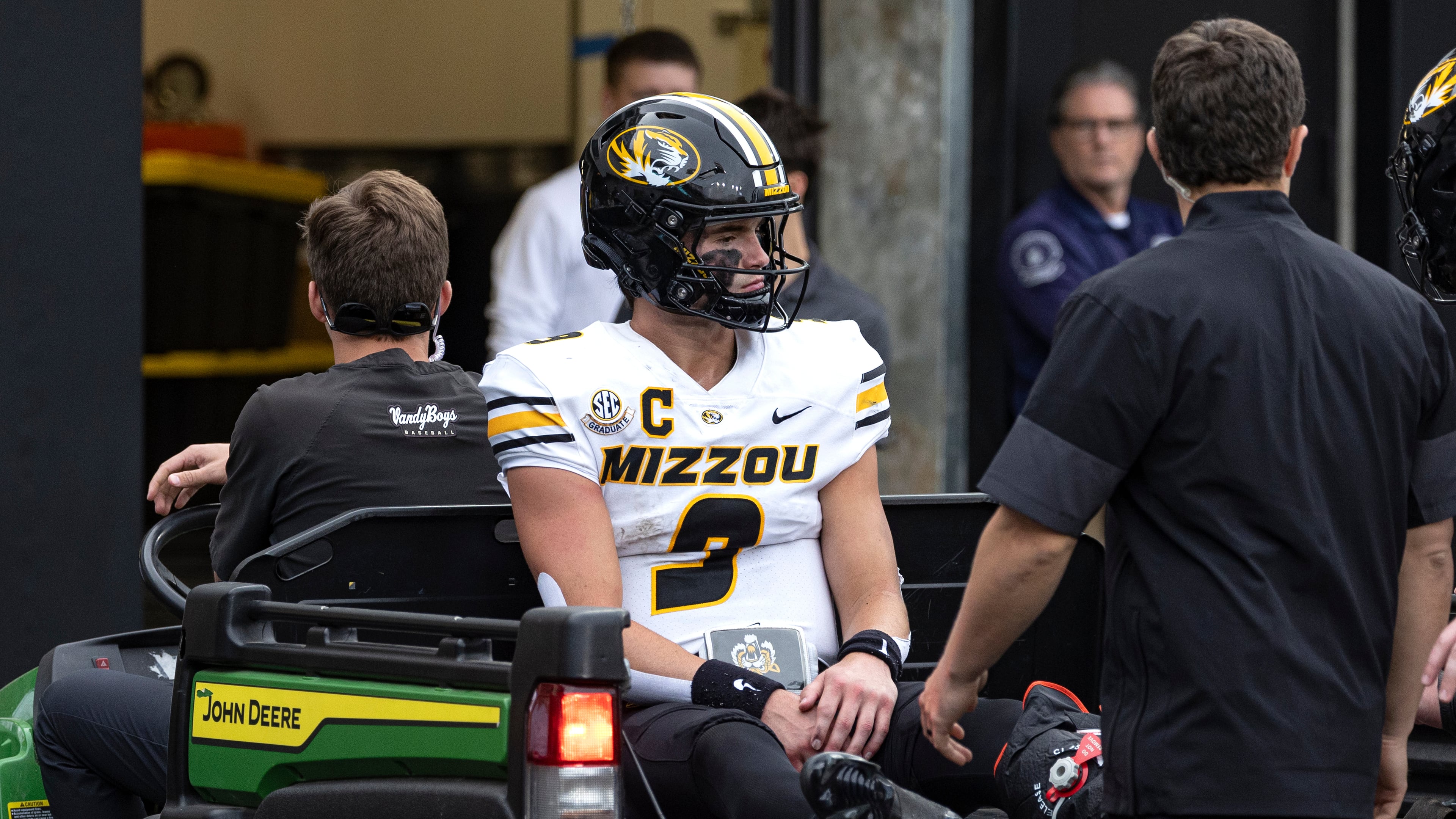 Missouri quarterback Beau Pribula is driven off the field after being injured during the second half of an NCAA college football game against Vanderbilt, Saturday, Oct. 25, 2025, in Nashville, Tenn. (AP Photo/Wade Payne)