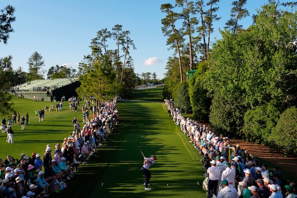 Justin Rose hits his tee shot on the 18th hole during the third round at the Masters golf tournament, Saturday, April 12, 2025, in Augusta, Ga. (AP Photo/Julia Demaree Nikhinson)
