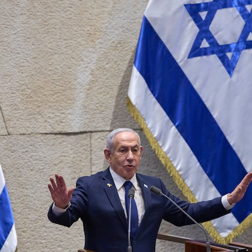 Israel's Prime Minister Benjamin Netanyahu addresses lawmakers in the Knesset, Israel's parliament, in Jerusalem, Monday, Nov. 10 2025. (AP Photo/Ohad Zwigenberg)