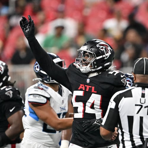 Atlanta Falcons defensive tackle Brandon Dorlus (54) reacts during the second half of an NFL preseason game at Mercedes-Benz Stadium, Friday, August 15, 2025, in Atlanta. The Tennessee Titans won 23-20 over the Atlanta Falcons. (Hyosub Shin / AJC)