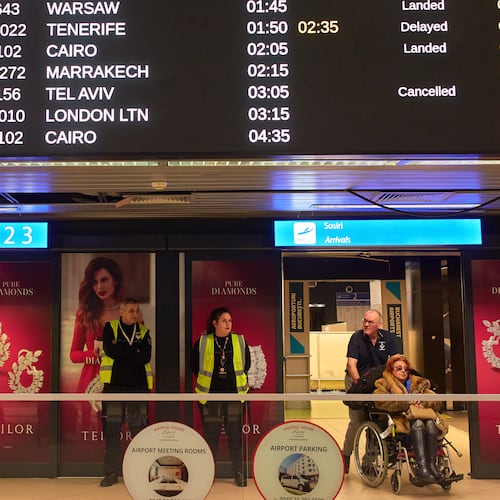 A display in the arrivals terminal of the Henri Coanda International Airport shows cancelled flights originating in Middle East countries, in Otopeni, Romania, Tuesday, March 3, 2026. (AP Photo/Vadim Ghirda)