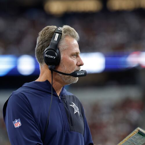 FILE - Dallas Cowboys defensive coordinator Matt Eberflus on the sidelines during a NFL football game against the Washington Commanders on Sunday, Oct. 19, 2025, in Arlington, Texas. (AP Photo/Matt Patterson, File)