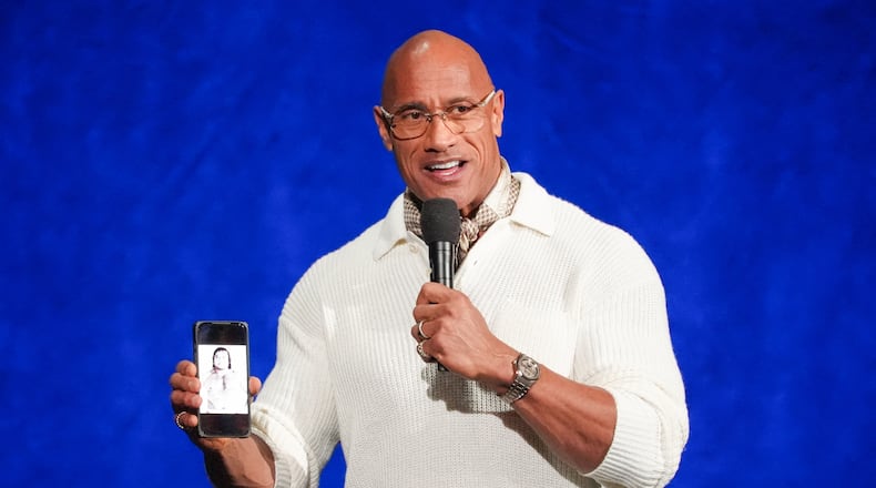 Dwayne Johnson, cast member of the upcoming film "Moana," speaks during the Walt Disney Studios presentation at CinemaCon on Thursday, April 16, 2026, at Caesars Palace in Las Vegas. (Chris Pizzello/AP)
