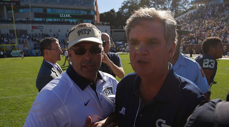 ATLANTA, GA - OCTOBER 17:  Head coach Pat Narduzzi of the Pittsburgh Panthers shakes hands with head coach Paul Johnson of the Georgia Tech Yellow Jackets after their 31-28 win at Bobby Dodd Stadium on October 17, 2015 in Atlanta, Georgia.  (Photo by Kevin C. Cox/Getty Images)