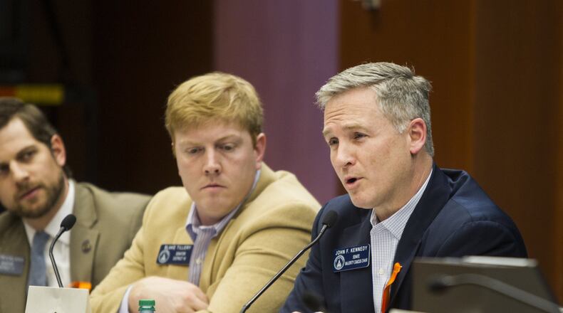State Sen. John Kennedy speaks during a Senate Judiciary Committee hearing at the Coverdell Legislative Office Building in Atlanta. He’s the sponsor of a bill and resolution that would require that victims be informed about the progress in cases of those accused of harming them. (REANN HUBER/REANN.HUBER@AJC.COM)