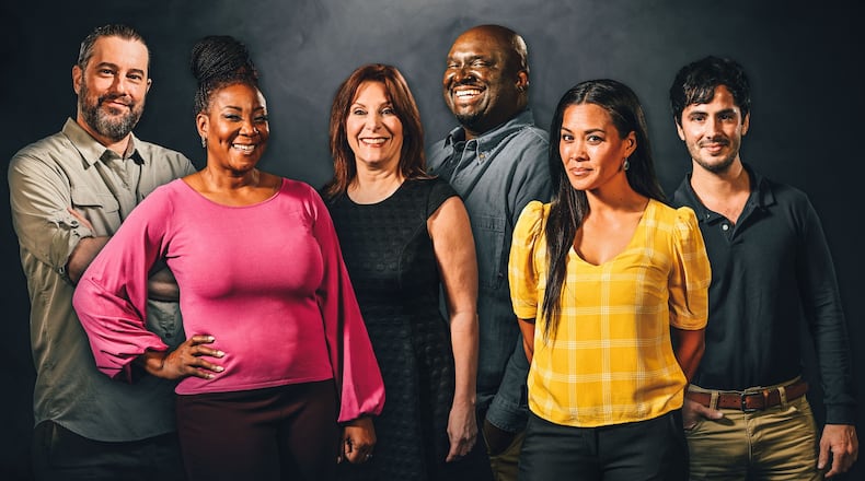 The cast of the Alliance Theatre's new Atlanta-centric production of the Stephen Schwartz musical "Working," includes (from the left) Rob Lawhon, Tawana Montgomery, Courtenay Collins, Brad Raymond, Jewl Carney and Eddy Rioseco. Photo illustration: Greg Mooney