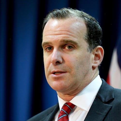 FILE - Brett McGurk, the U.S. envoy for the global coalition against IS, speaks during a news conference at the U.S. Embassy Baghdad, Iraq, June 7, 2017. (AP Photo/Hadi Mizban, File)