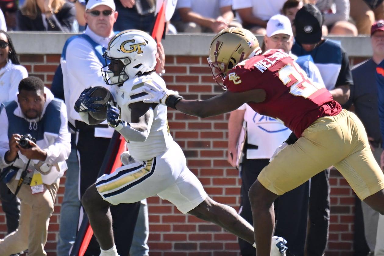In the most recent meeting between Georgia Tech and Boston College, Jamal Haynes (left) rushed for 56 yards and a touchdown in October 2023, but the Eagles beat the Yellow Jackets 38-23 at Bobby Dodd Stadium in Atlanta. BC has beaten Tech three straight times. (Hyosub Shin/AJC 2023)