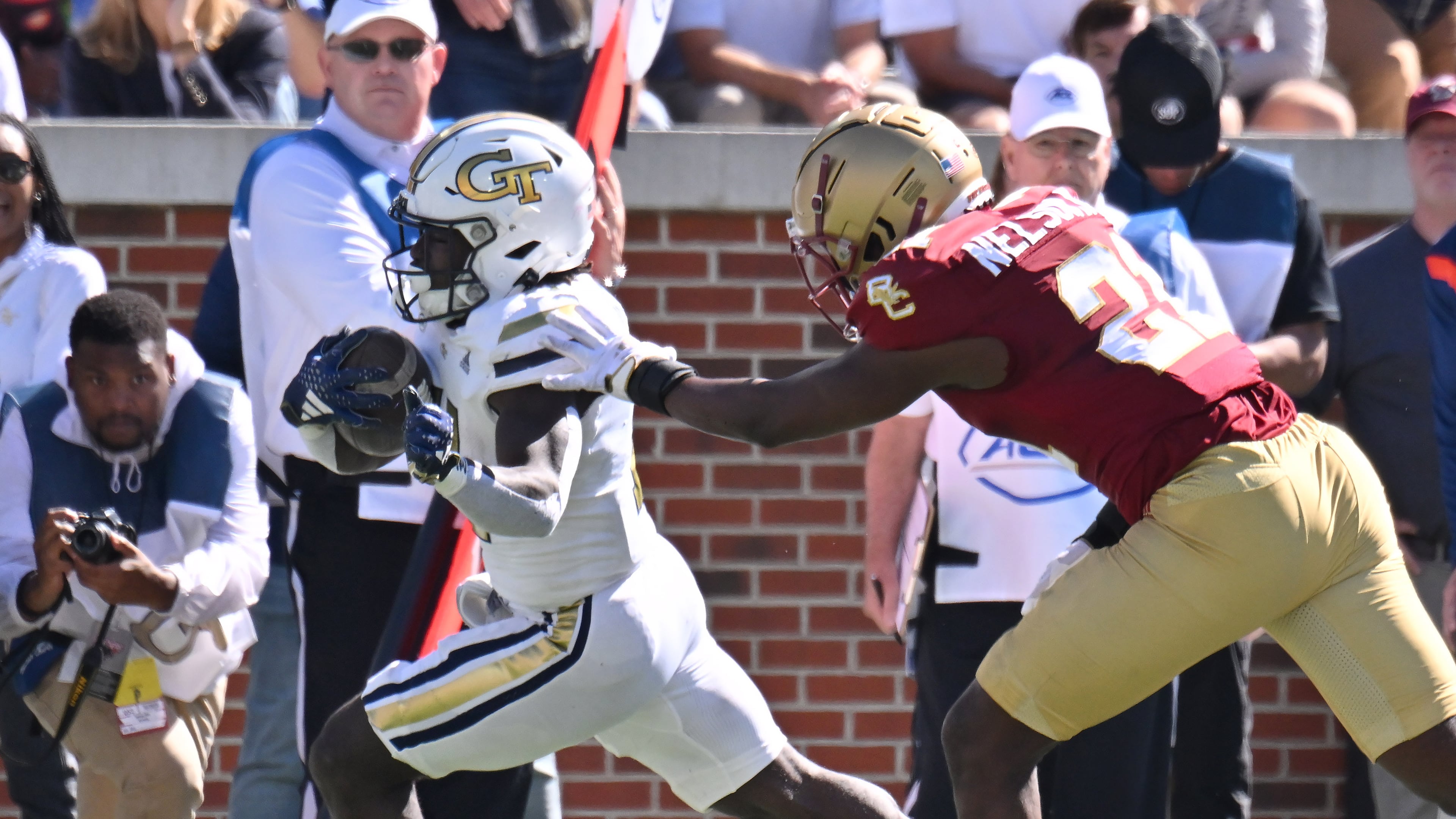 In the most recent meeting between Georgia Tech and Boston College, Jamal Haynes (left) rushed for 56 yards and a touchdown in October 2023, but the Eagles beat the Yellow Jackets 38-23 at Bobby Dodd Stadium in Atlanta. BC has beaten Tech three straight times. (Hyosub Shin/AJC 2023)