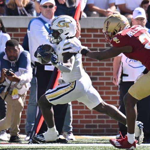 In the most recent meeting between Georgia Tech and Boston College, Jamal Haynes (left) rushed for 56 yards and a touchdown in October 2023, but the Eagles beat the Yellow Jackets 38-23 at Bobby Dodd Stadium in Atlanta. BC has beaten Tech three straight times. (Hyosub Shin/AJC 2023)