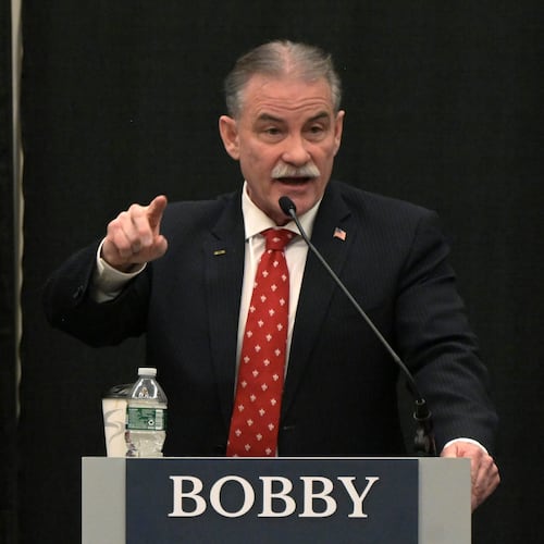 Maine Republican gubernatorial candidate Bobby Charles fields a question from moderator Steve Robinson, editor in chief of The Maine Wire, during a debate of Republican candidates for governor at Cross Insurance Center in Bangor, Maine, Tuesday, March 24, 2026. (Rich Abrahamson/The Central Maine Morning Sentinel via AP)