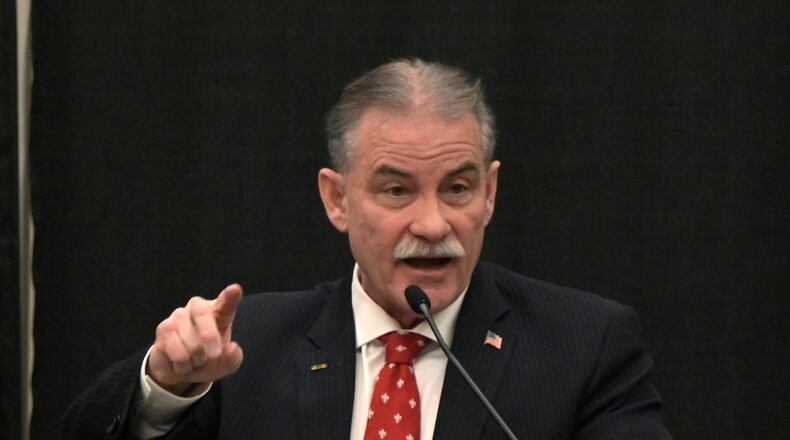 Maine Republican gubernatorial candidate Bobby Charles fields a question from moderator Steve Robinson, editor in chief of The Maine Wire, during a debate of Republican candidates for governor at Cross Insurance Center in Bangor, Maine, Tuesday, March 24, 2026. (Rich Abrahamson/The Central Maine Morning Sentinel via AP)
