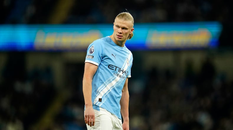 Manchester City's Erling Haaland looks on during the English Premier League soccer match between Manchester City and Nottingham Forest in Manchester, England, Wednesday, March 4, 2026. (AP Photo/Dave Thompson)
