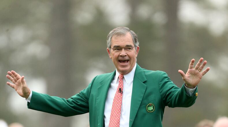 Masters Chairman Billy Payne welcomes patrons following the honorary starters teeing off on the first tee for the start of the 2013 Masters at Augusta National Golf Club Thursday morning in Augusta, Ga., April 11, 2013. Legends of golf, Arnold Palmer, Gary Player and Jack Nicklaus started the Masters with a tee shot on the first tee. JASON GETZ / AJC file