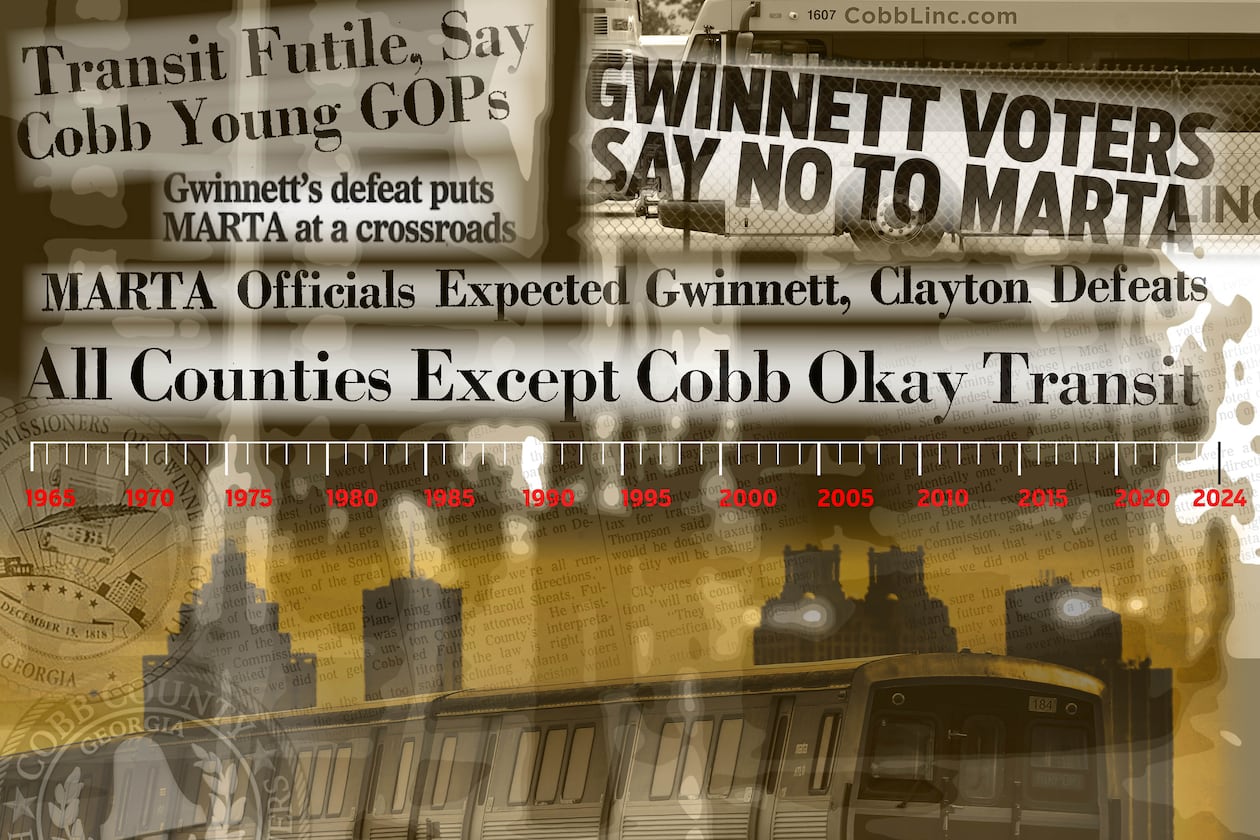 Since 1965, The Atlanta Journal-Constitution has covered multiple failed transit referendums in Gwinnett and Cobb counties, reflecting the ongoing divisiveness of the public transportation issue even after nearly six decades. Staff illustration by ArLuther Lee | AJC