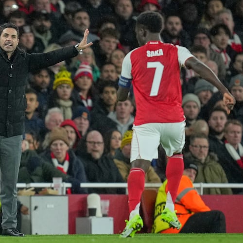 Arsenal's manager Mikel Arteta gestures from the touchline during the Champions League opening phase soccer match between Arsenal and Bayern Munich in London, Wednesday, Nov. 26, 2025. (AP Photo/Kin Cheung)