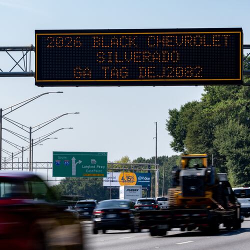A sign on I-75/I-85 South alerts motorists to be on the lookout for a black Chevrolet Silverado on Wednesday, Sept. 2, 2026. The GBI said its search for Jimmy Steverson, who the agency says was at one point traveling in a black Silverado and was wanted in the death of a Warm Springs police officer, ended Wednesday morning. (Ben Hendren for the AJC)