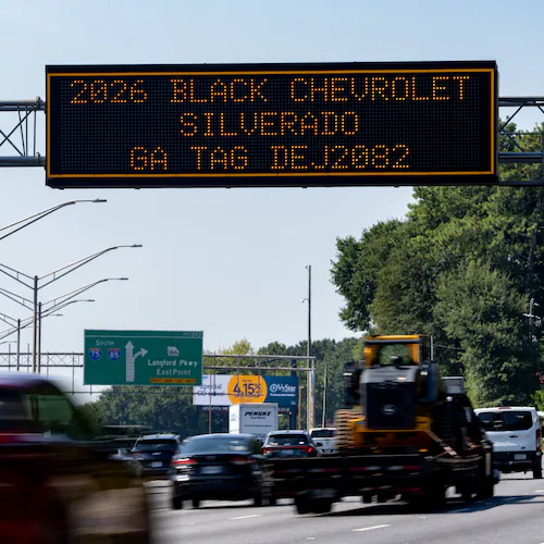 A sign on I-75/I-85 South alerts motorists to be on the lookout for a black Chevrolet Silverado on Wednesday, Sept. 2, 2026. The GBI says its search for Jimmy Steverson, who the agency says was traveling in a black Silverado and was wanted in the death of a Warm Springs police officer, ended Wednesday morning. (Ben Hendren for the AJC)