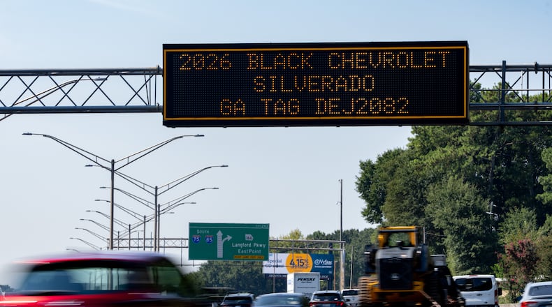 A sign on I-75/I-85 South alerts motorists to be on the lookout for a black Chevrolet Silverado on Wednesday, Sept. 2, 2026. The GBI says its search for Jimmy Steverson, who the agency says was traveling in a black Silverado and was wanted in the death of a Warm Springs police officer, ended Wednesday morning. (Ben Hendren for the AJC)