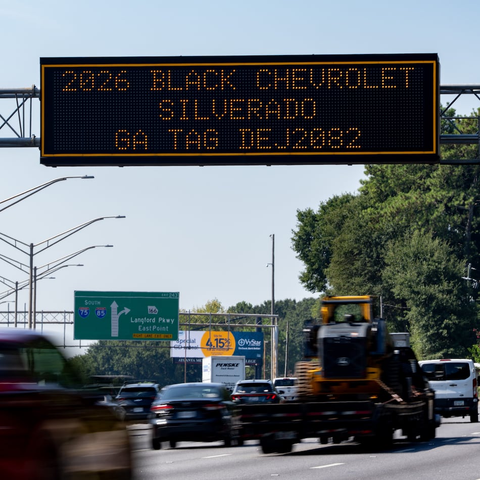 A sign on I-75/I-85 South alerts motorists to be on the lookout for a black Chevrolet Silverado on Wednesday, Sept. 2, 2026. The GBI says its search for Jimmy Steverson, who the agency says was traveling in a black Silverado and was wanted in the death of a Warm Springs police officer, ended Wednesday morning. (Ben Hendren for the AJC)