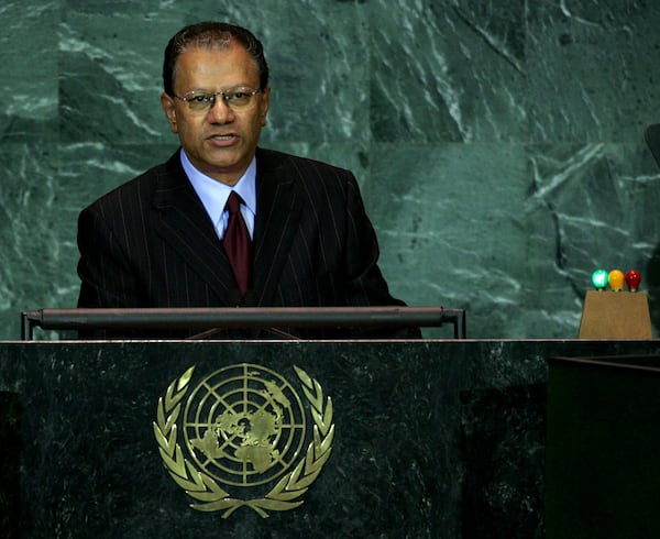 FILE - The Prime Minister of Mauritius, Navinchandra Ramgoolam, addresses the United Nations General Assembly at the U.N. headquarters in New York, Monday, Sept. 19, 2005. (AP Photo/John Marshall Mantel, File)