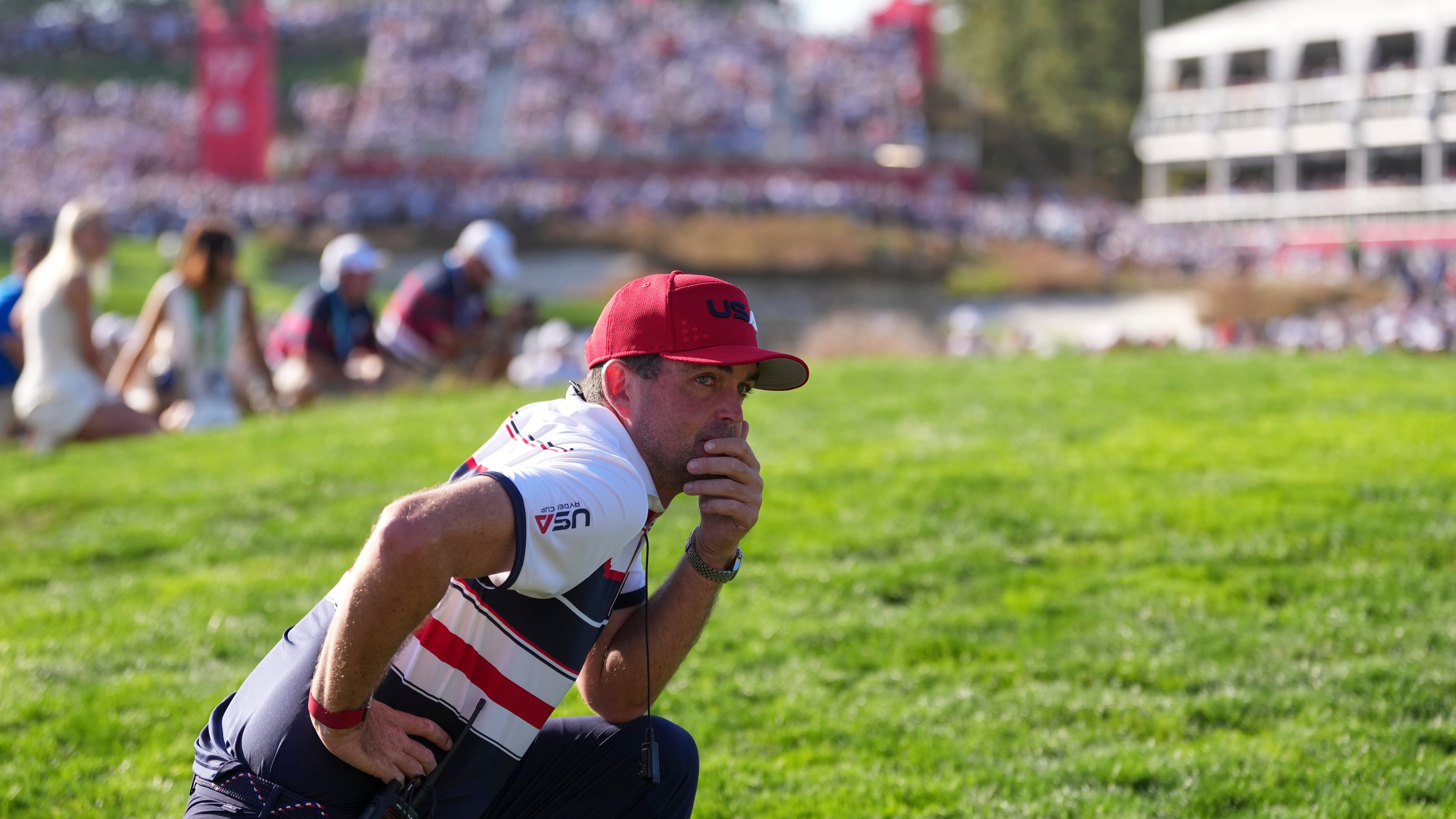 United States captain Keegan Bradley watches on the 16th hole during their singles match on the Bethpage Black golf course at the Ryder Cup golf tournament, Sunday, Sept. 28, 2025, in Farmingdale, N.Y. (AP Photo/Matt Slocum)