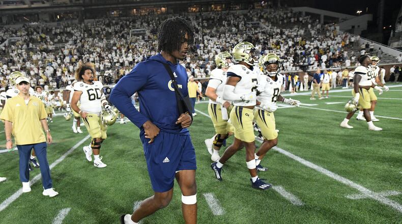 Georgia Tech's quarterback Jeff Sims (10) leaves the football field after Georgia Tech lost during an NCAA college football game at Georgia Tech's Bobby Dodd Stadium in Atlanta on Saturday, September 4, 2021. (Hyosub Shin / Hyosub.Shin@ajc.com)
