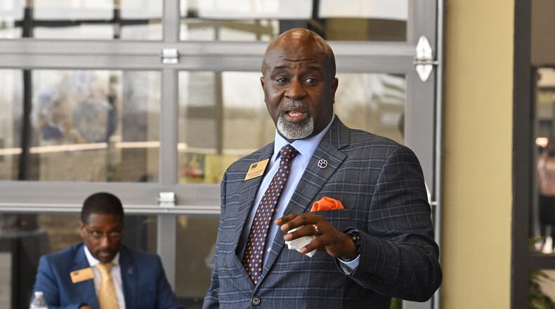 Walter Knighton, Sumter County Schools' superintendent, speaks during a meeting about rural prosperity on Wednesday, Feb. 22, 2023, in Americus. (Hyosub Shin / Hyosub.Shin@ajc.com)