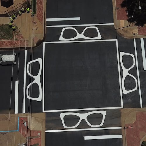 This photo provided by City of Lubbock on Friday, Nov. 14, 2025, shows the Buddy Holly Crosswalk in Lubbock, Texas. (City of Lubbock via AP)