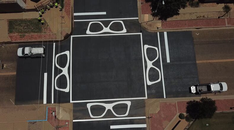 This photo provided by City of Lubbock on Friday, Nov. 14, 2025, shows the Buddy Holly Crosswalk in Lubbock, Texas. (City of Lubbock via AP)