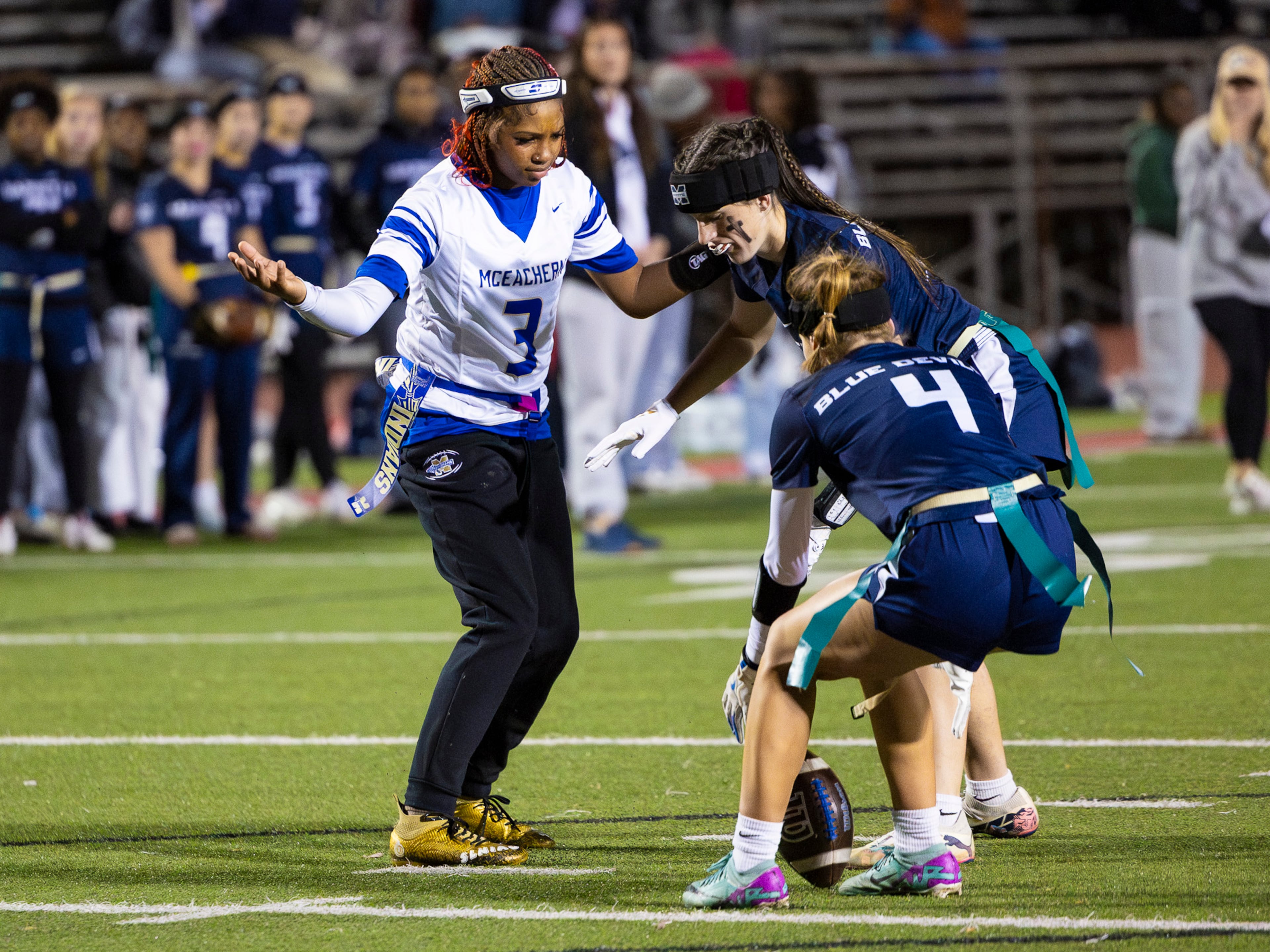 McEachern wide receiver Ava Couzens (3) reacts during a play in a flag football game against Marietta at Osborne High School in Marietta, GA on Monday, November 17th, 2025. (Oscar Guevara Saenz for the AJC)