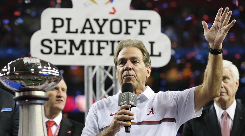 Coach Nick Saban’s Alabama team, which defeated Washington in a national semifinal in the Chick-fil-A Peach Bowl last season, will open this season in the Chick-fil-A Kickoff game against Florida State. (Curtis Compton/ccompton@ajc.com)