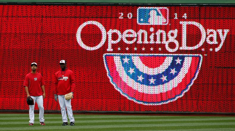 Washington Nationals starting pitcher Gio Gonzalez, left, and relief pitcher Rafael Soriano stand in the outfield before a baseball home opener against the Atlanta Braves at Nationals Park Friday, April 4, 2014, in Washington. (AP Photo/Alex Brandon) The Braves will play their second home opener of the season, this time in Washington. Pictured: Nationals pitchers Gio Gonzalez (left) and Rafael Soriano. (AP photo)