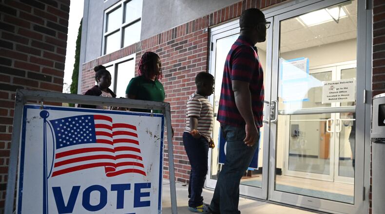 Gwinnett County voters arrive on Election Day at Gracepointe Church of the Nazarene, Tuesday, November 5, 2024, in Loganville.(Hyosub Shin / AJC)