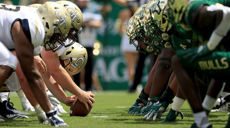 The Georgia Tech Yellow Jackets line up against the South Florida Bulls during a game Sept. 8, 2018, at Raymond James Stadium on in Tampa, Fla.