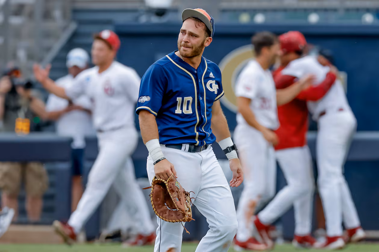 Georgia Tech's Kent Schmidt (10) reacts after Oklahoma hit a solo home run against Tech during the 10th inning to win the Atlanta Regional elimination baseball game at Russ Chandler Stadium, Monday, June 1, 2026, in Atlanta. (Erik S. Lesser for the AJC)