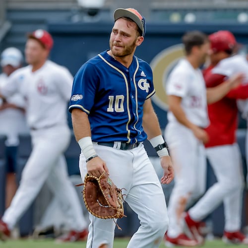 Georgia Tech's Kent Schmidt (10) reacts after Oklahoma hit a solo home run against Tech during the 10th inning to win the Atlanta Regional elimination baseball game at Russ Chandler Stadium, Monday, June 1, 2026, in Atlanta. (Erik S. Lesser for the AJC)