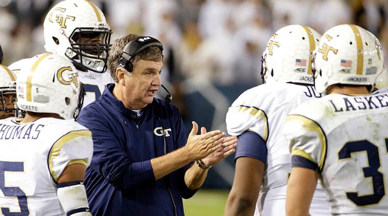 Georgia Tech head coach Paul Johnson talks to players in the second half of an NCAA college football game against Miami, Saturday, Oct. 4, 2014, in Atlanta. (AP Photo/David Goldman) Georgia Tech coach Paul Johnson's ballot reflected his perceptions of two conferences in particular - the ACC and the SEC. (ASSOCIATED PRESS)