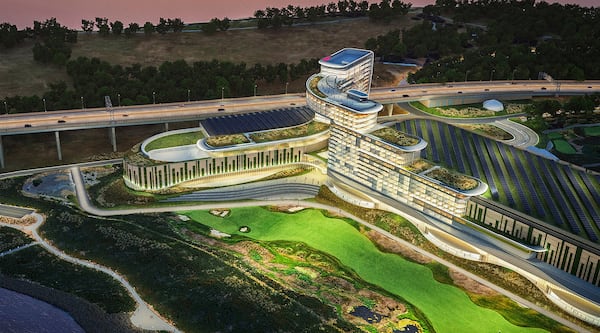 This rendering image by HKS + Gensler shows the Bally's casino proposed on a city-owned golf course, in The Bronx borough of New York. (HKS + Gensler via AP)
